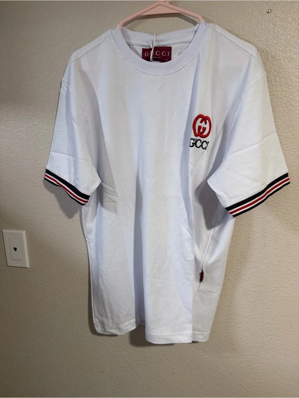 Gucci White Short Sleeve Tee with Red Logo and Black-Red Sleeve Trim